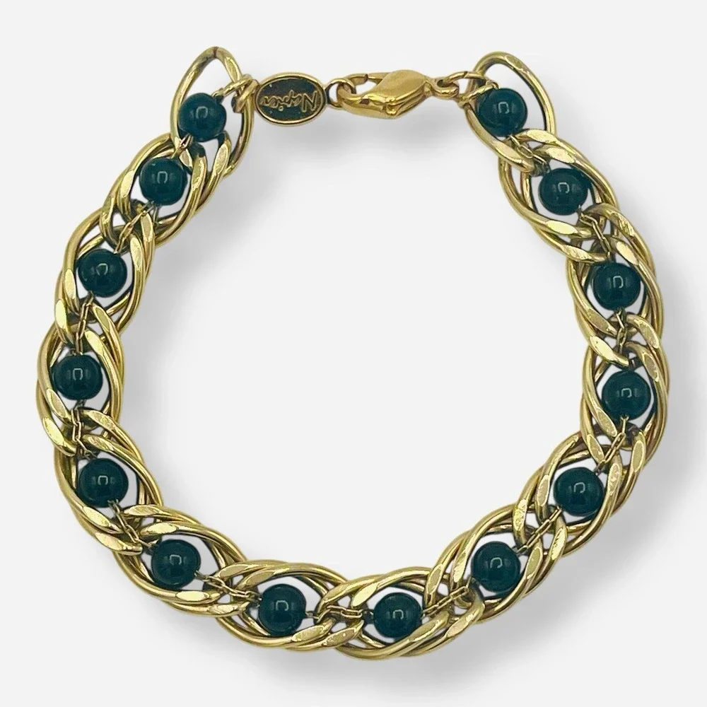 Vintage Napier Gold Tone‎ Black Ball Bead Bracelet Caged Beaded Faux Onyx